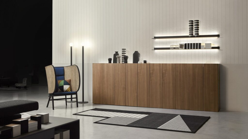 contemporary storage wall with floating cabinets and wood finish