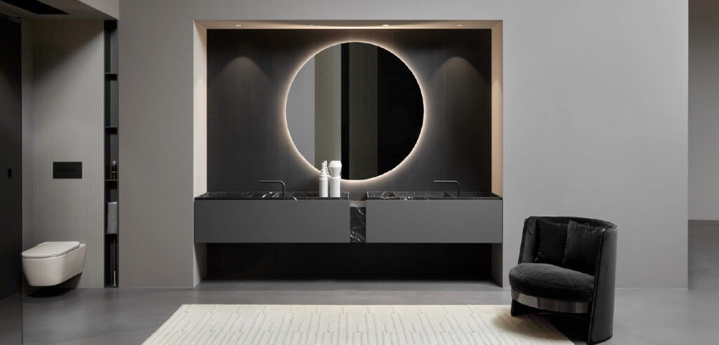 Nabatei cube marble sink wall-mounted, contemporary Italian design at Unscripted Spaces La Jolla