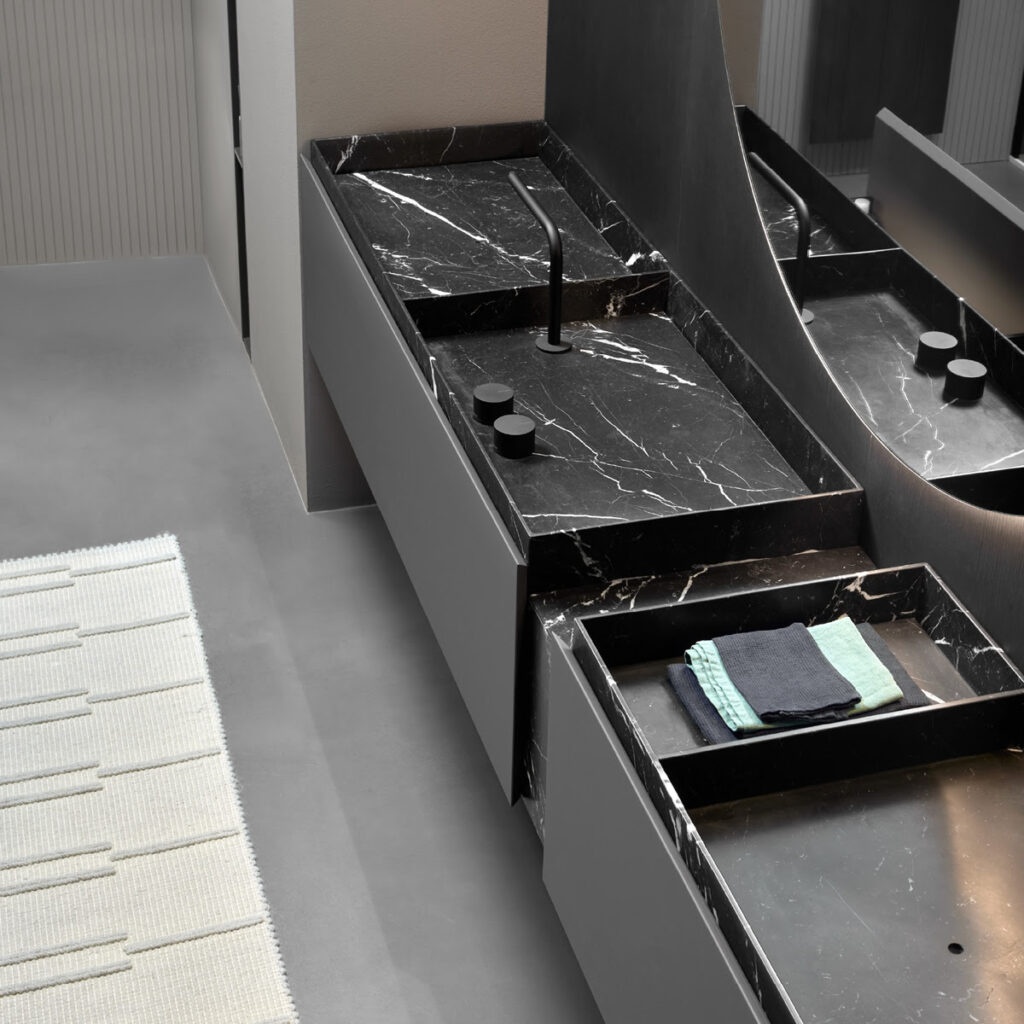 antoniolupi Nabatei collection marble vanity top, Italian furniture showroom La Jolla