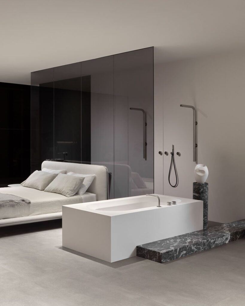 Oasi bathtub by Mario Ferrarini with marble surround, Italian bathroom design San Diego