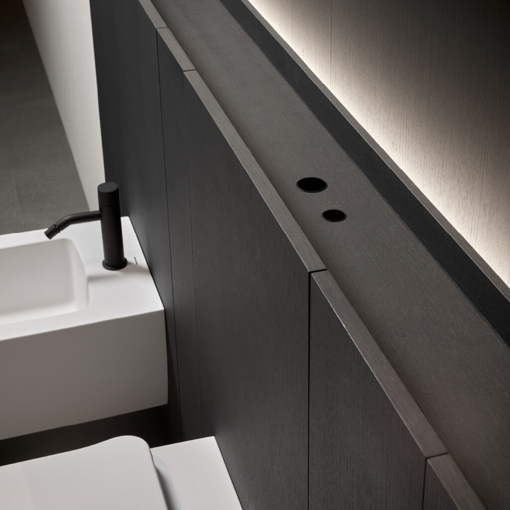 antoniolupi Offset panel with concealed shelf and sanitary ware, luxury bathroom La Jolla