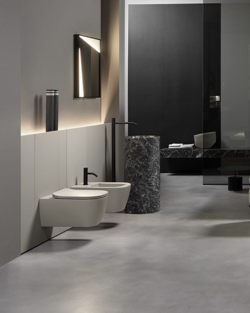 Offset boiserie by Simone Savini with integrated storage, Italian bathroom design San Diego