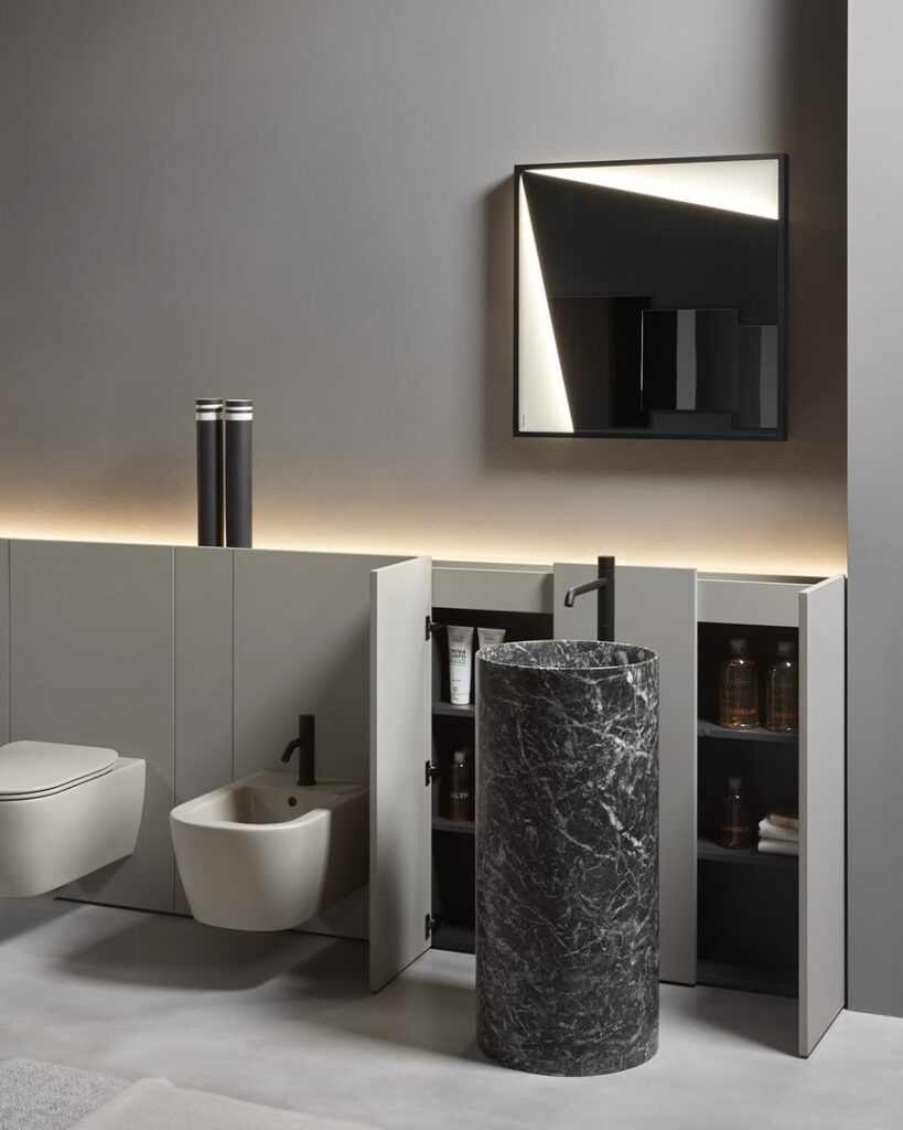 antoniolupi Offset wall paneling system in contemporary bathroom, La Jolla showroom