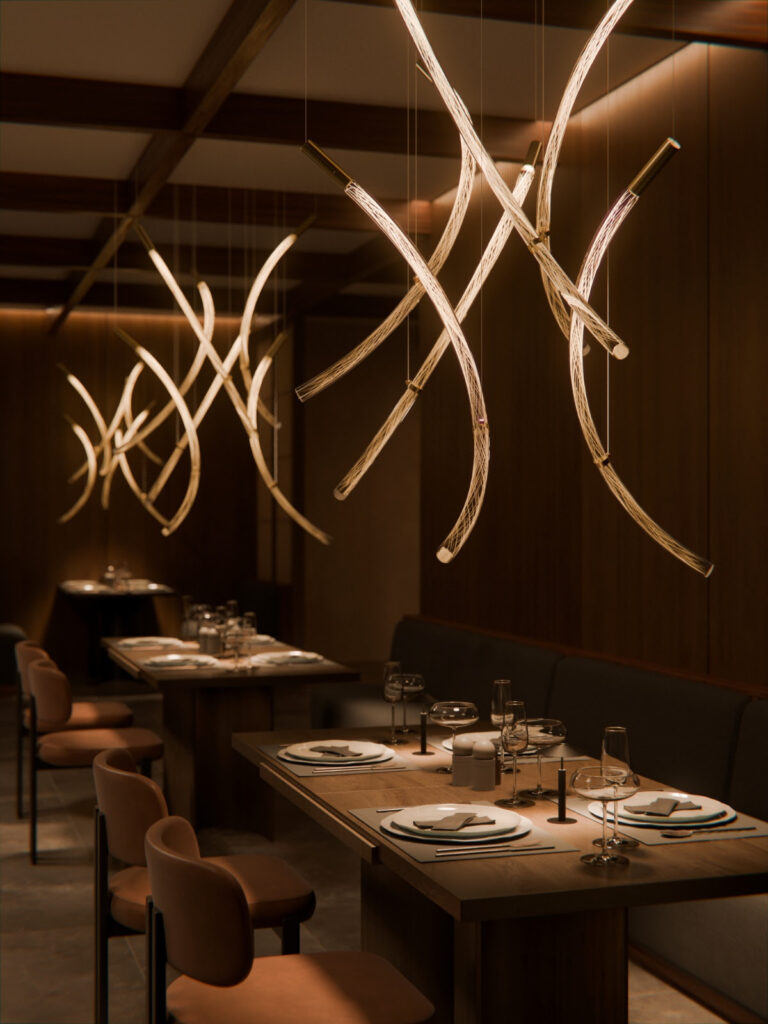 BOMMA Flare spiral lighting installation — custom interior design La Jolla