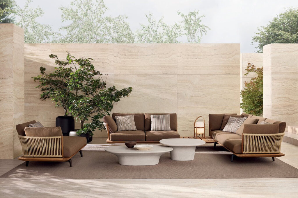 Poliform Lagoon modular outdoor sofa with teak base and rope backrest