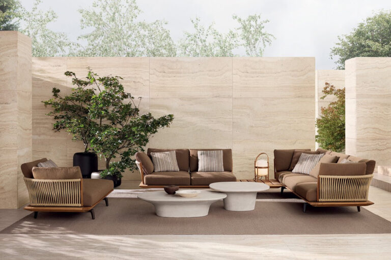 Poliform Lagoon modular outdoor sofa with teak base and rope backrest