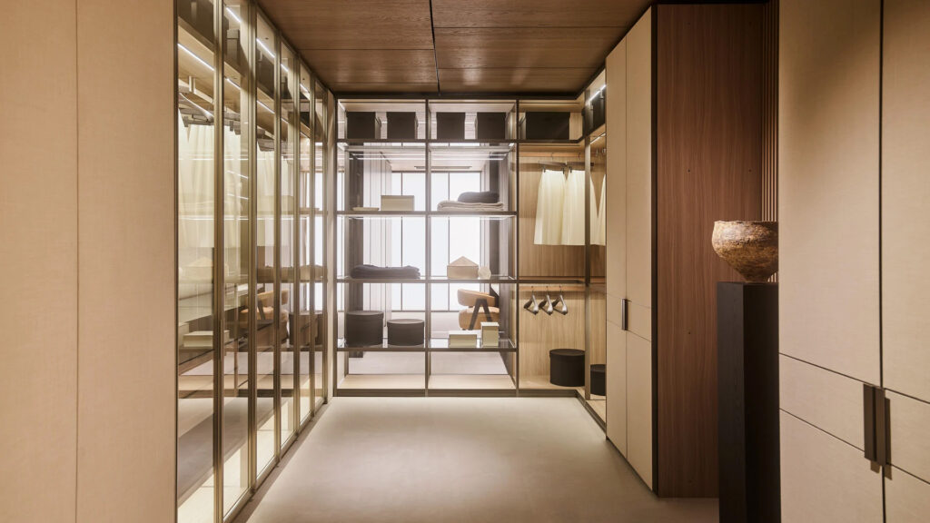 Poliform Lab curated interiors with light oak staircase Milan flagship