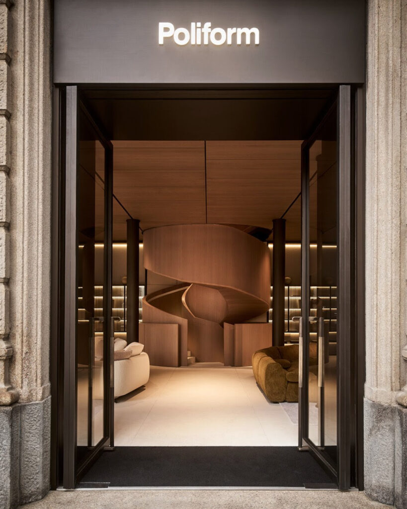 Poliform new flagship store Piazza della Scala Milan three floors light oak staircase