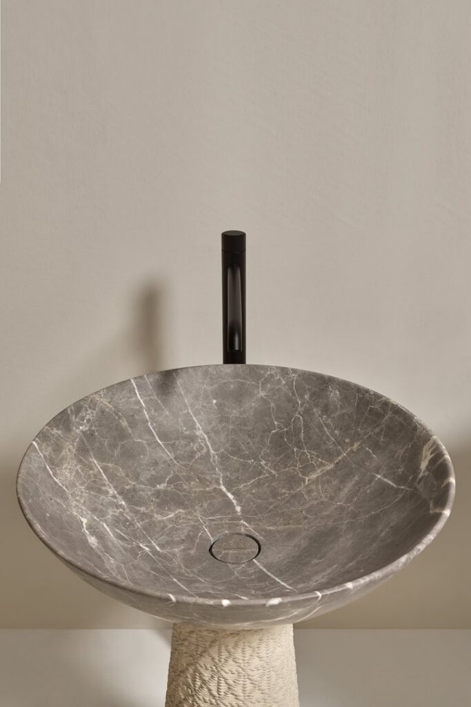 Antoniolupi Tramediterra bathroom sink detail, contemporary Italian design La Jolla showroom