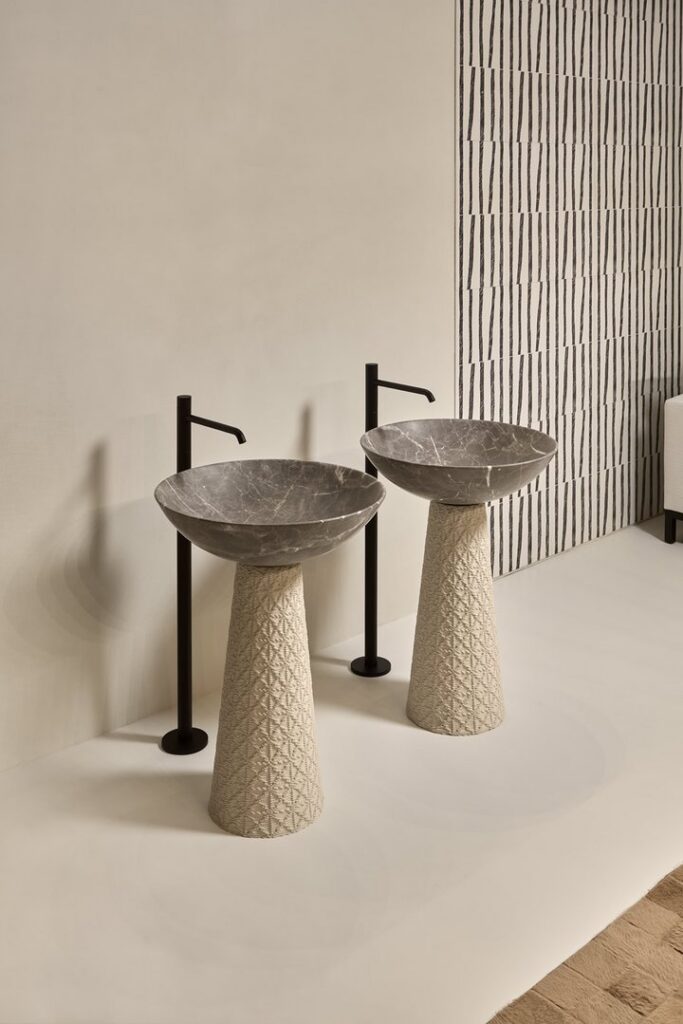 Layered stoneware sink by Antoniolupi, luxury bathroom remodel San Diego