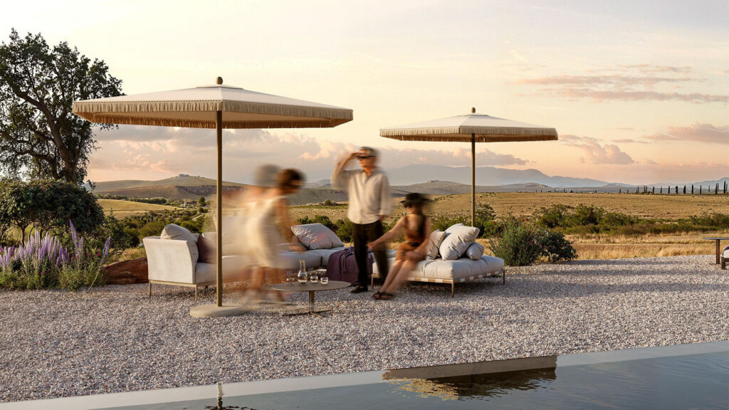 Umbrosa Nata UX parasol with fringe detail for luxury outdoor spaces in La Jolla