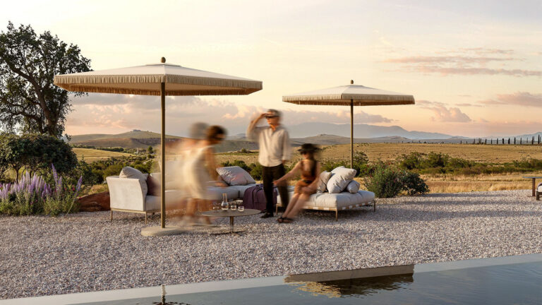 Umbrosa Nata UX parasol with fringe detail for luxury outdoor spaces in La Jolla