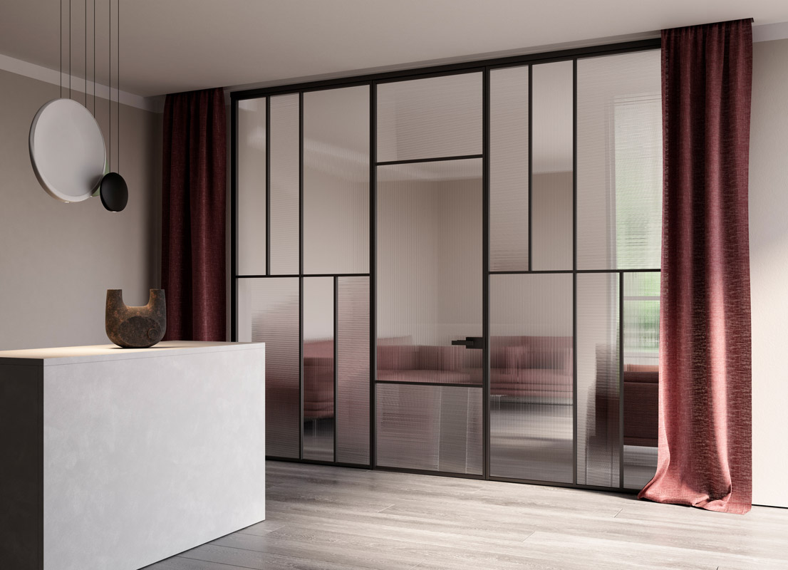 Albed Celine sliding door with divided glass sections in mixed frosted and clear finishes