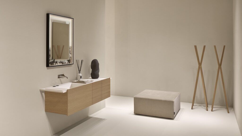 Talea collection by Artemadesign with marble top and hidden sink, Italian bathroom design San Diego