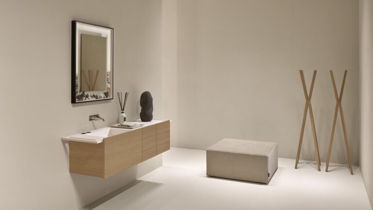 Talea collection by Artemadesign with marble top and hidden sink, Italian bathroom design San Diego