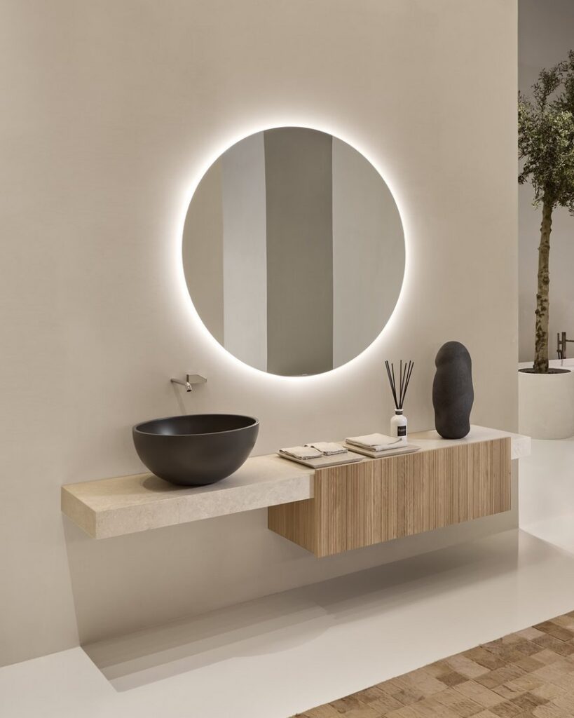 Antoniolupi Talea handleless vanity in wood veneer, luxury bathroom remodel La Jolla