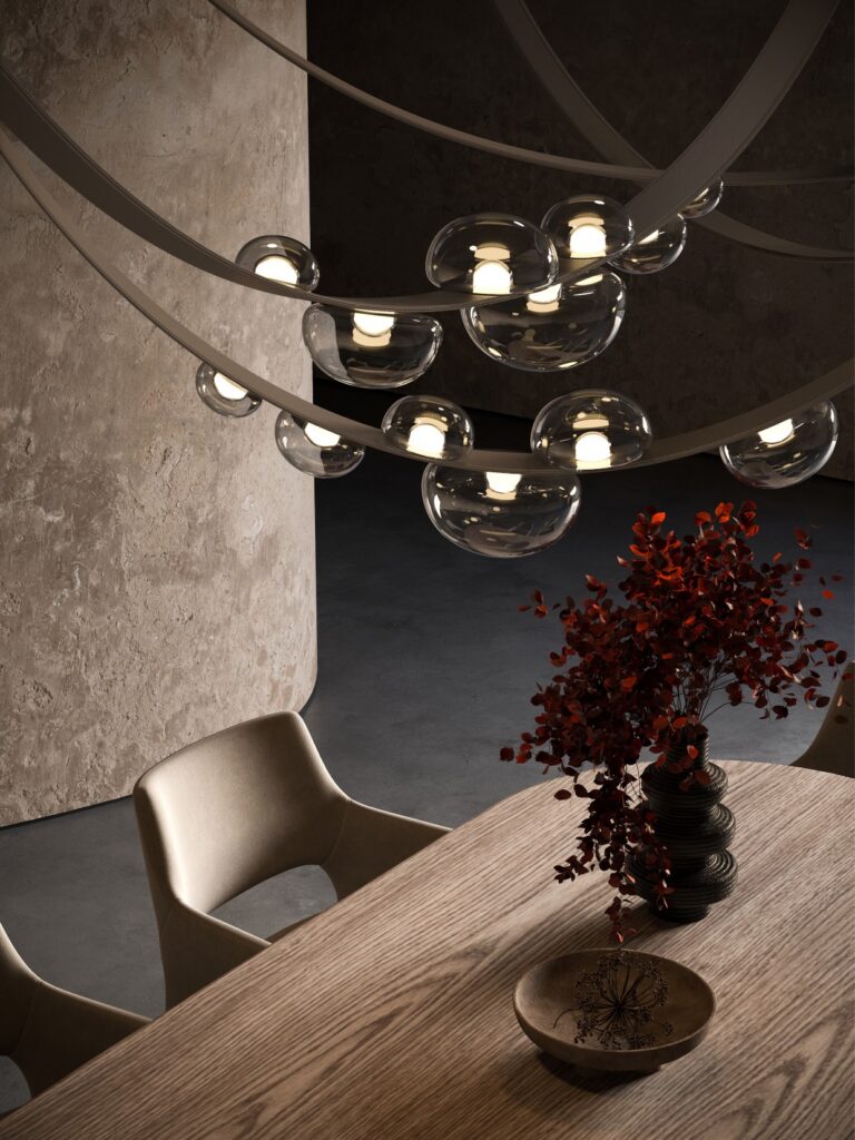 BOMMA Dewdrop leather strap pendant light with glass droplets, La Jolla showroom