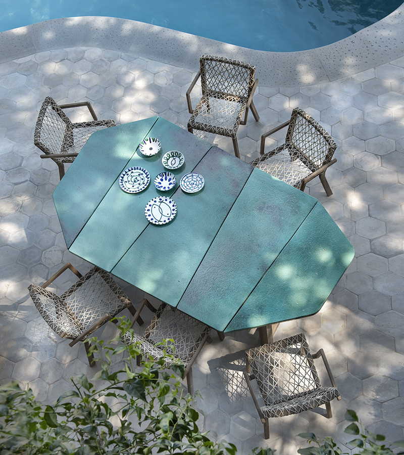 Ethimo Rafael lava stone dining table in turquoise glaze