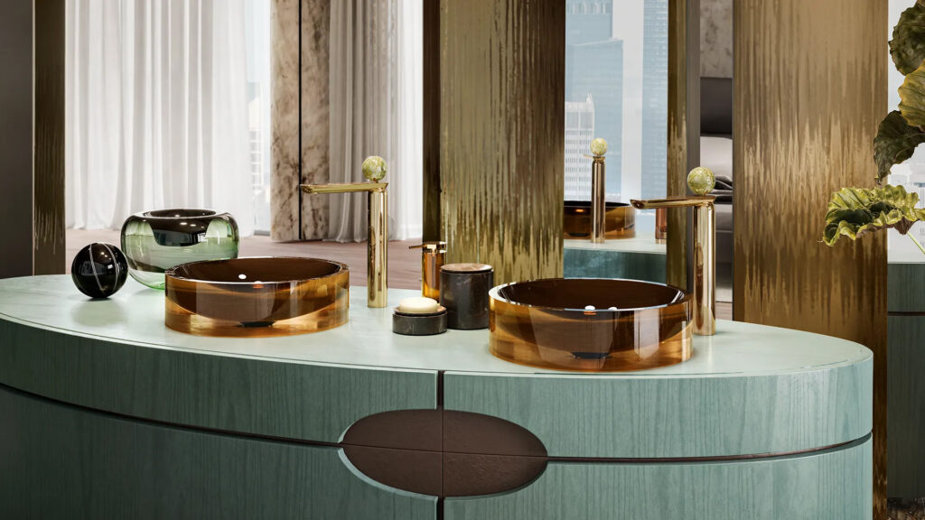Gessi Perle quilted leather-look carved brass bathroom faucet
