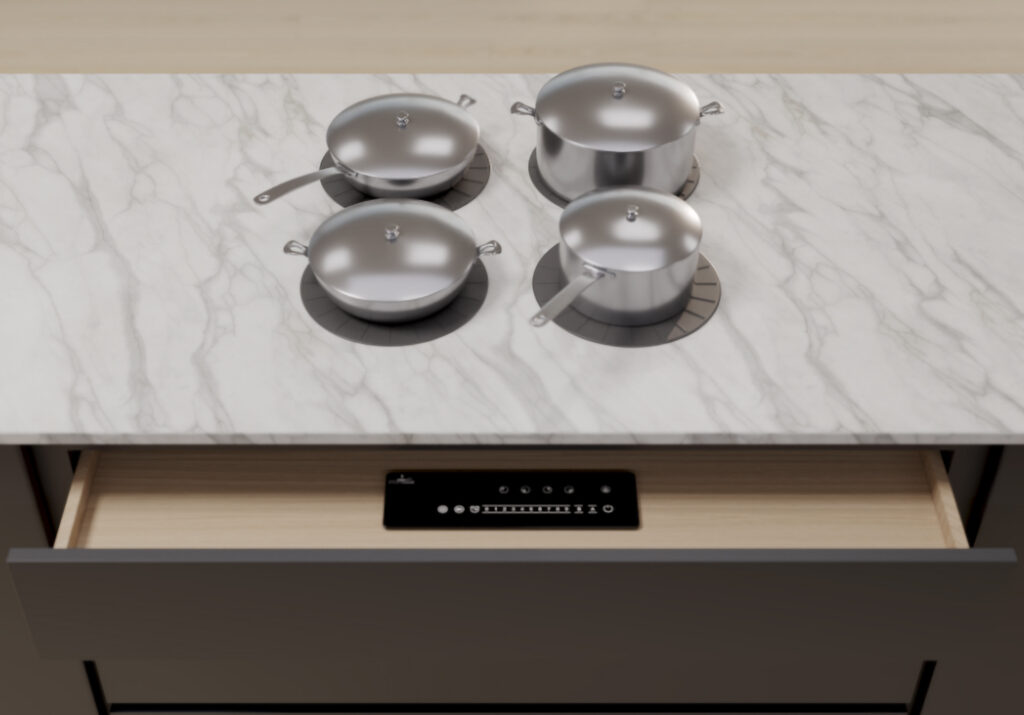 Invisacook hidden induction elements installed beneath countertop in contemporary kitchen La Jolla