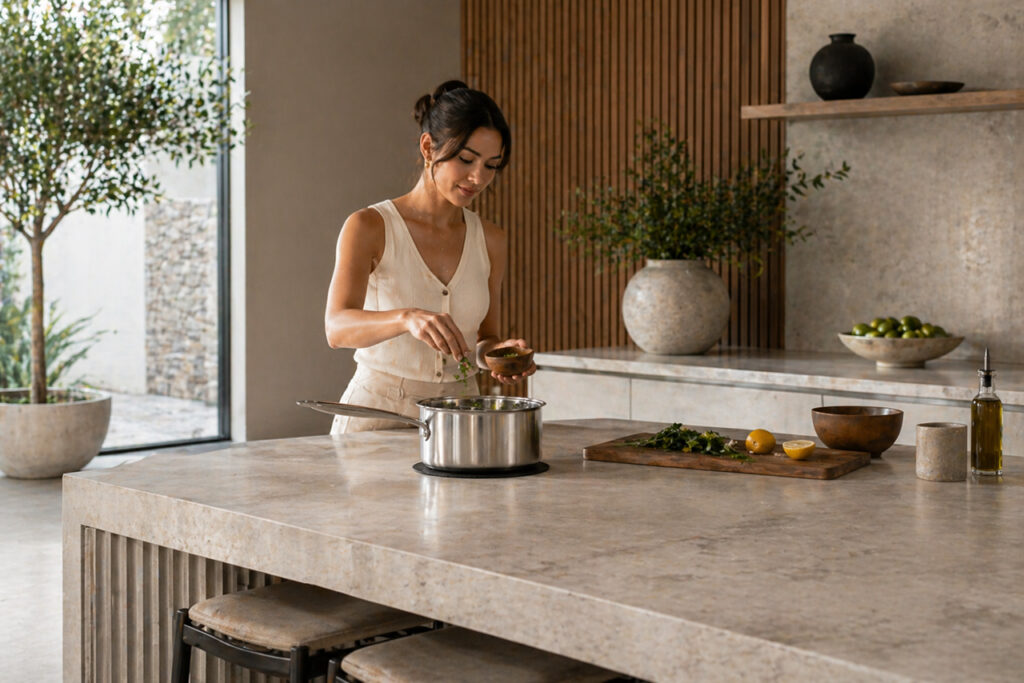 Invisacook hidden induction elements installed beneath countertop in contemporary kitchen La Jolla