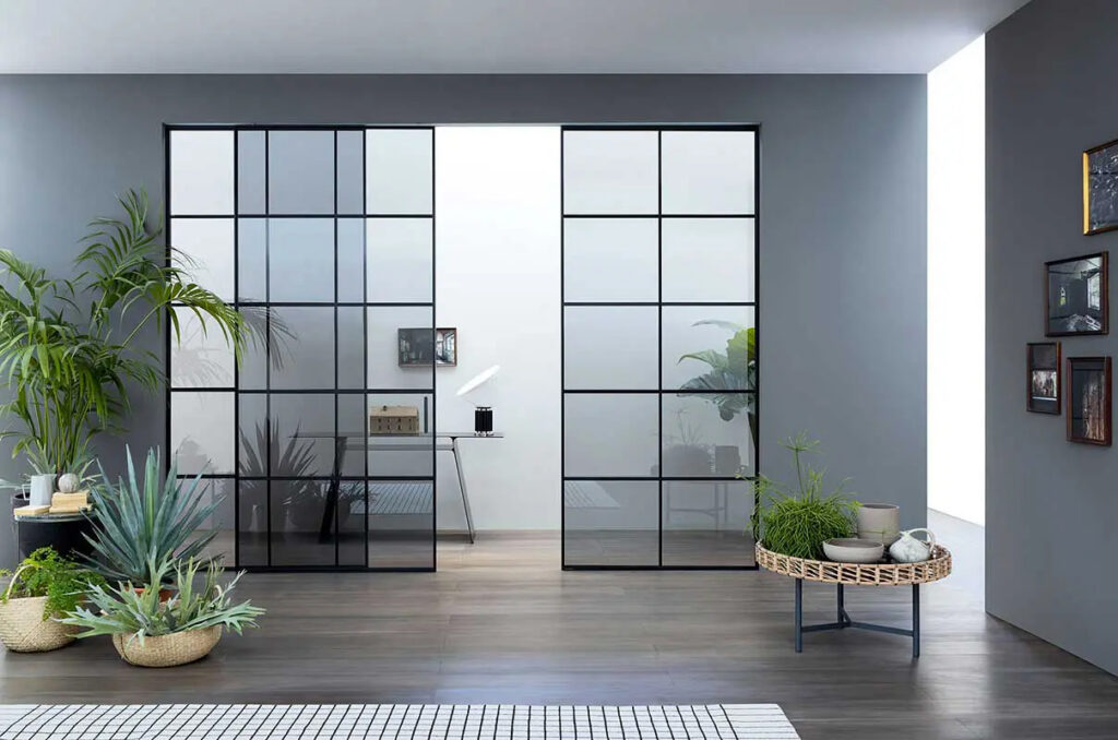 Lualdi L7 glass sliding door with grid panel detail