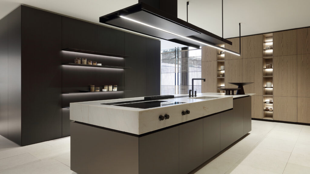 Poliform Artex Pro kitchen island with angled countertop edge at Unscripted Spaces La Jolla