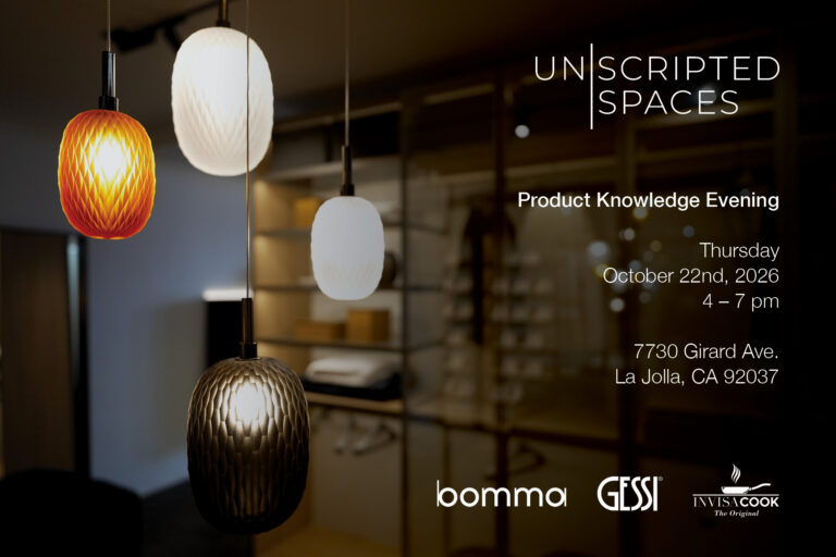 Bomma, Gessi, and Invisacook logos for the Product Knowledge Evening at Unscripted Spaces in La Jolla