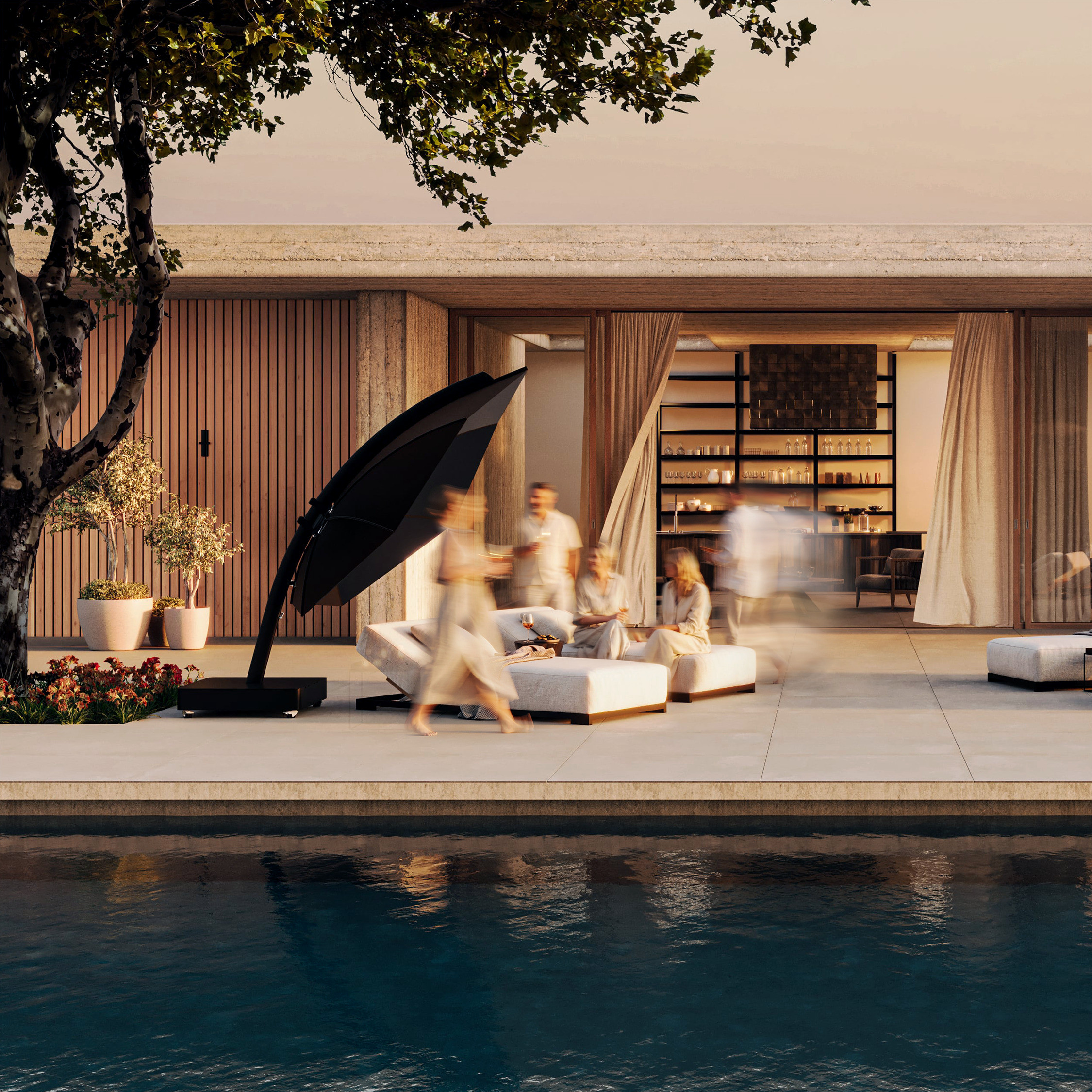 Umbrosa Icarus leaf-shaped cantilevering outdoor umbrella folded into compact form