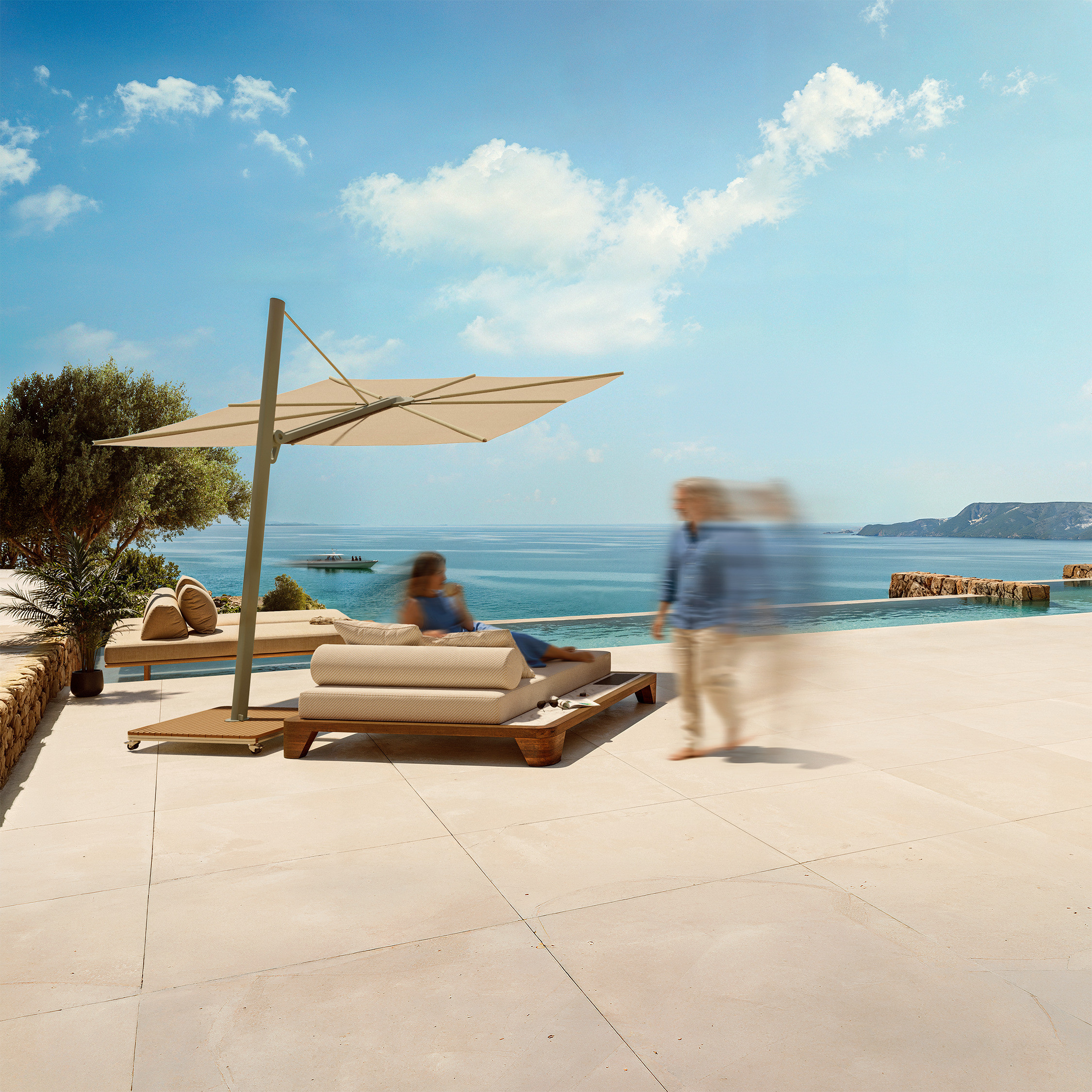 Umbrosa Versa PX cantilever umbrella with top-mounted mechanism and clean underside